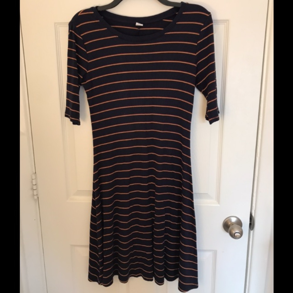 Old Navy Horizontal Stripe Navy, Gold, and Maroon Dress, Size Medium